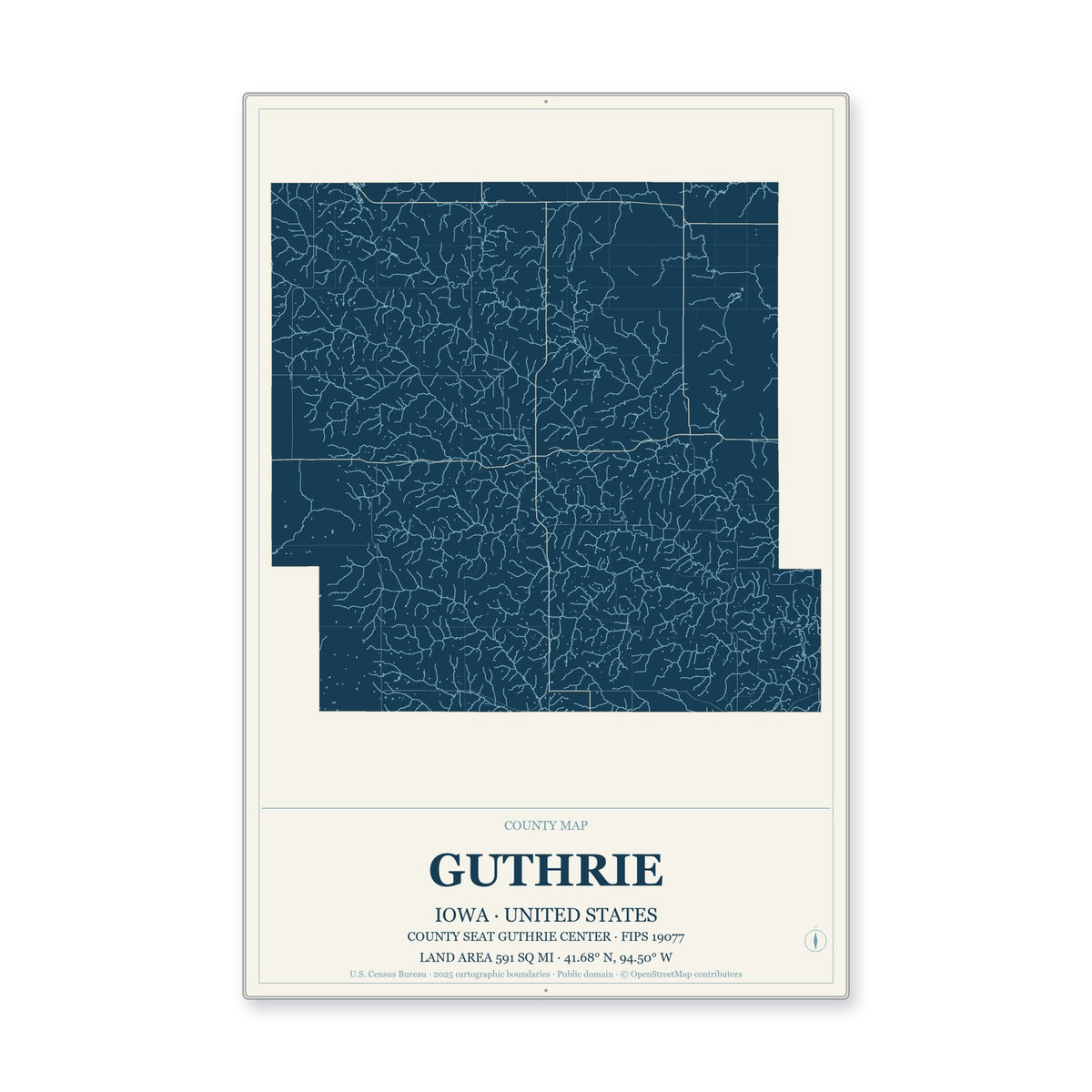 Guthrie County, Iowa Map Aluminum Sign in Coastal Cutout style