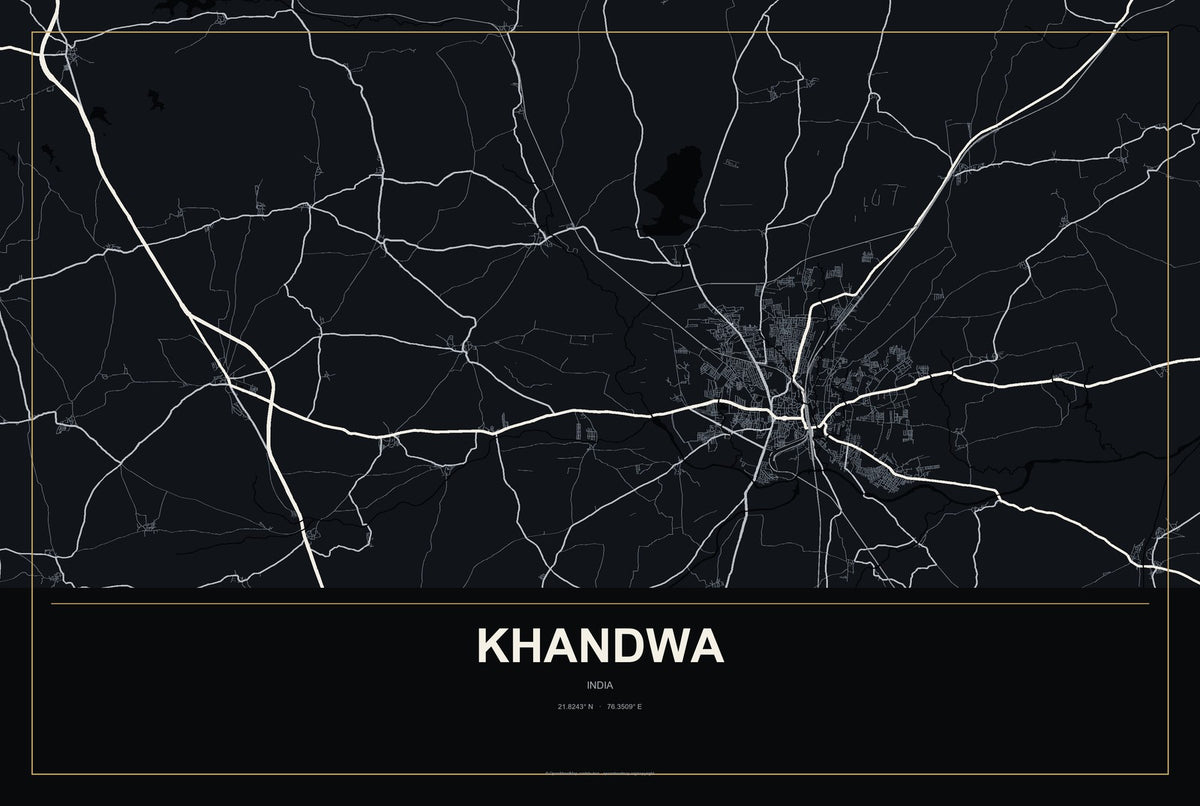 Khandwa, India City Map Aluminum Sign in Metropolitan Noir style