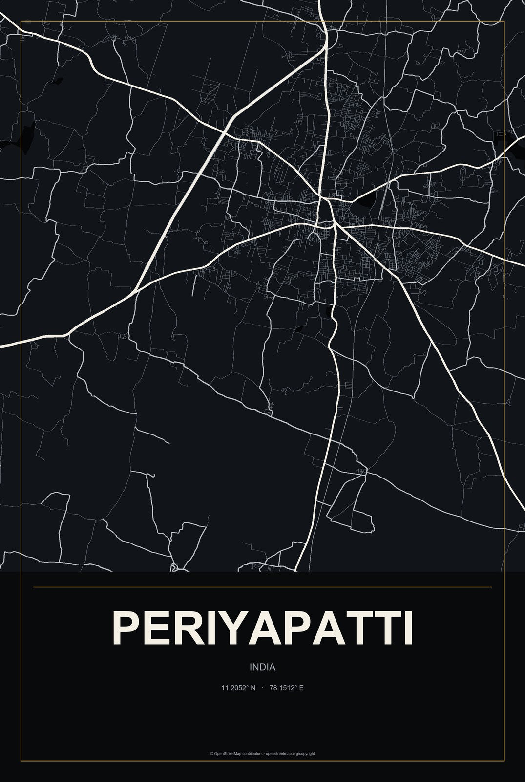 Periyapatti, India City Map Aluminum Sign in Metropolitan Noir style
