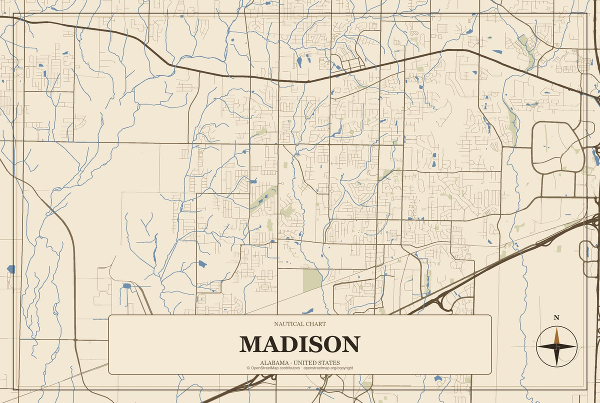 Madison, Alabama City Map Aluminum Sign in Heritage Nautical style