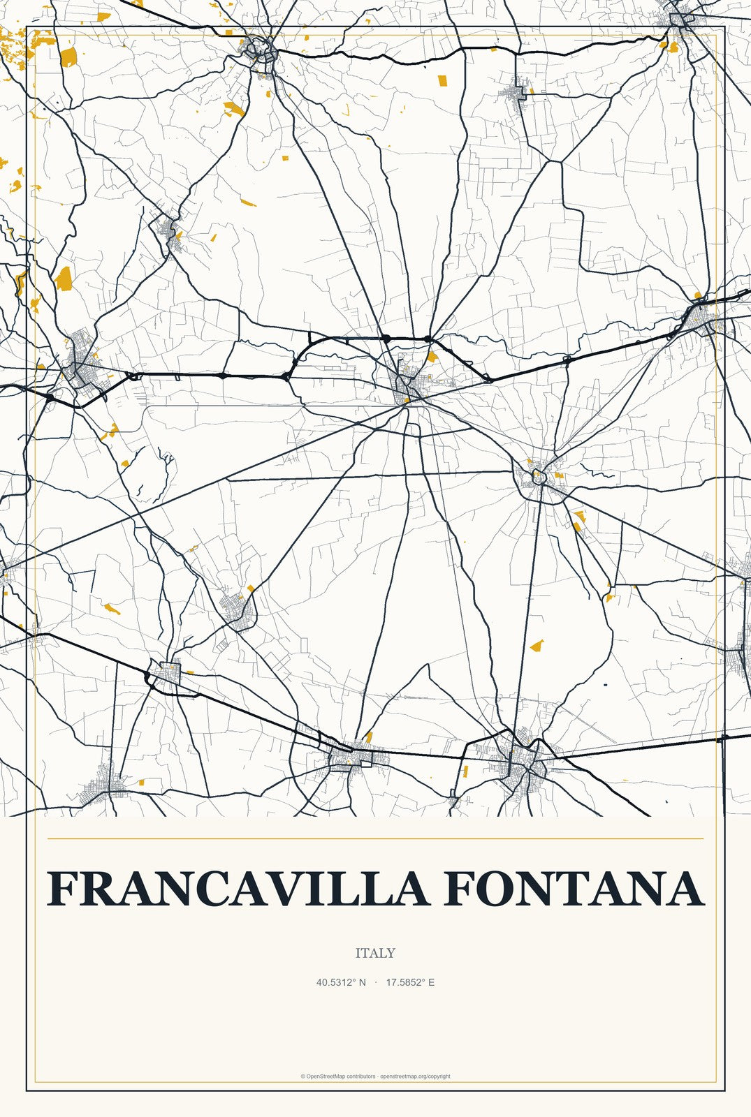 Francavilla Fontana, Italy City Map Aluminum Sign in Citrine Modern style