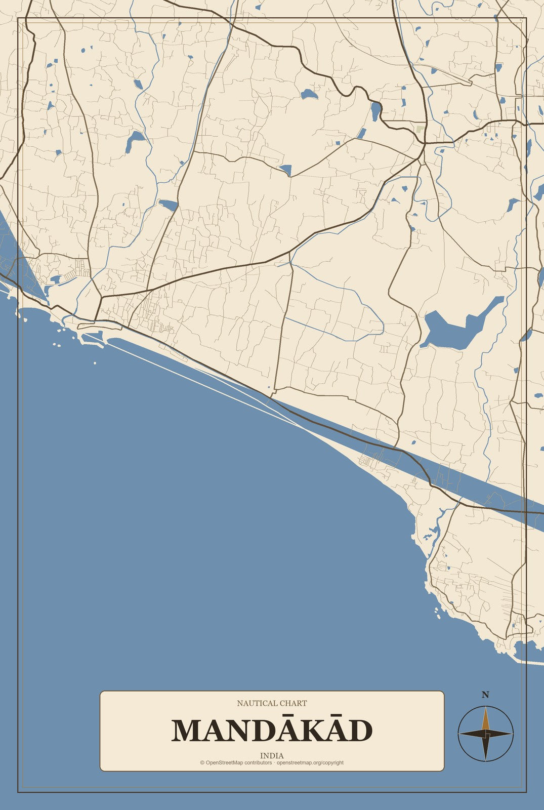 Mandākād, India City Map Aluminum Sign in Heritage Nautical style