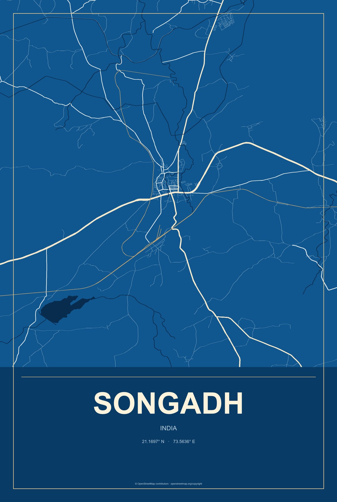 Songadh, India City Map Aluminum Sign in Harbor Cobalt style
