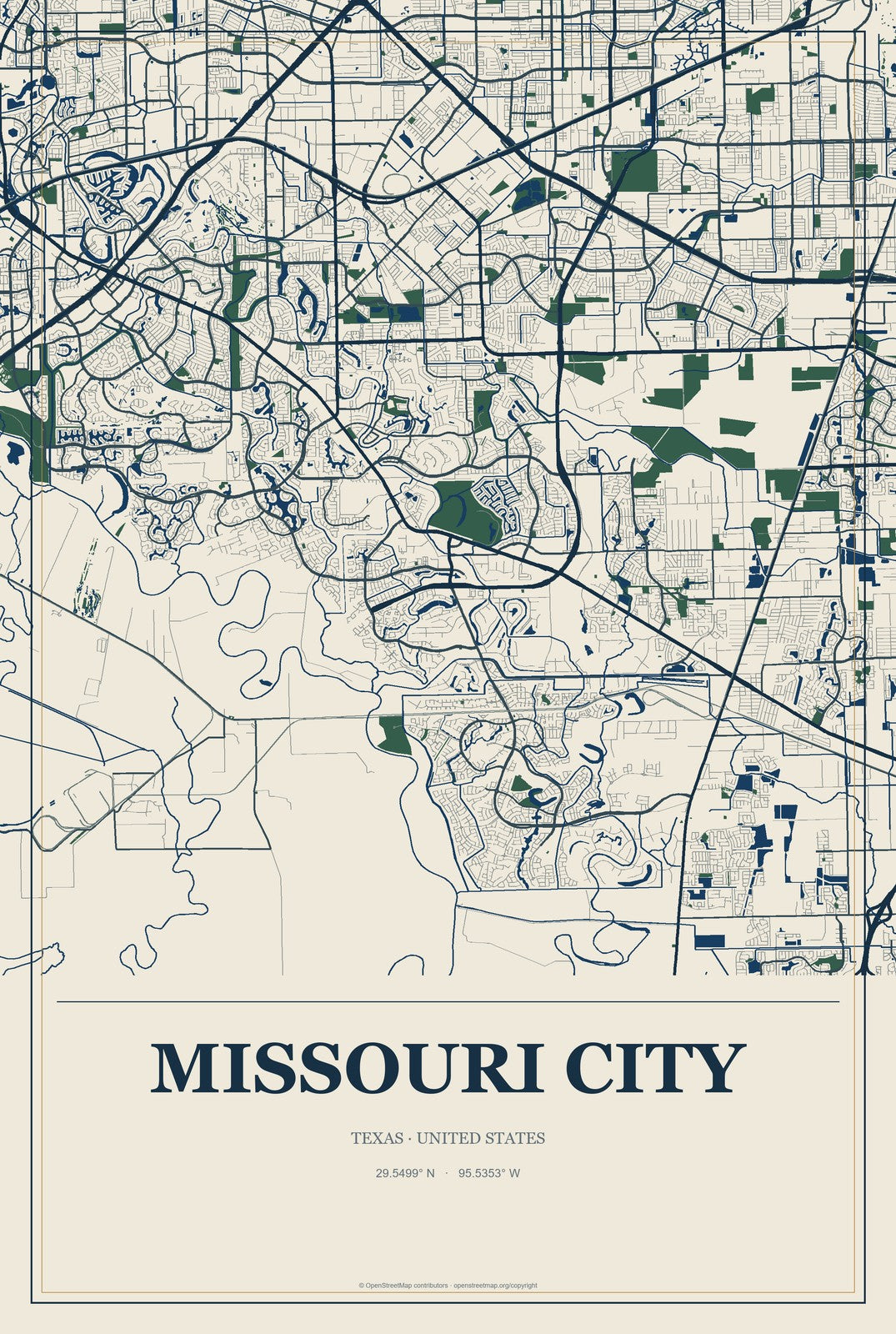 Missouri City, Texas City Map Aluminum Sign in Coastal Cutout style