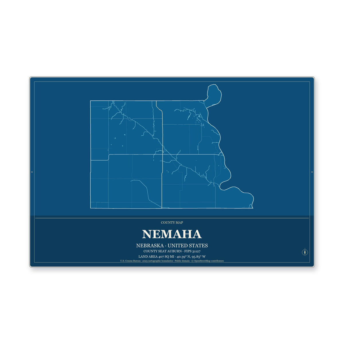 Nemaha County, Nebraska Map Aluminum Sign in Harbor Cobalt style