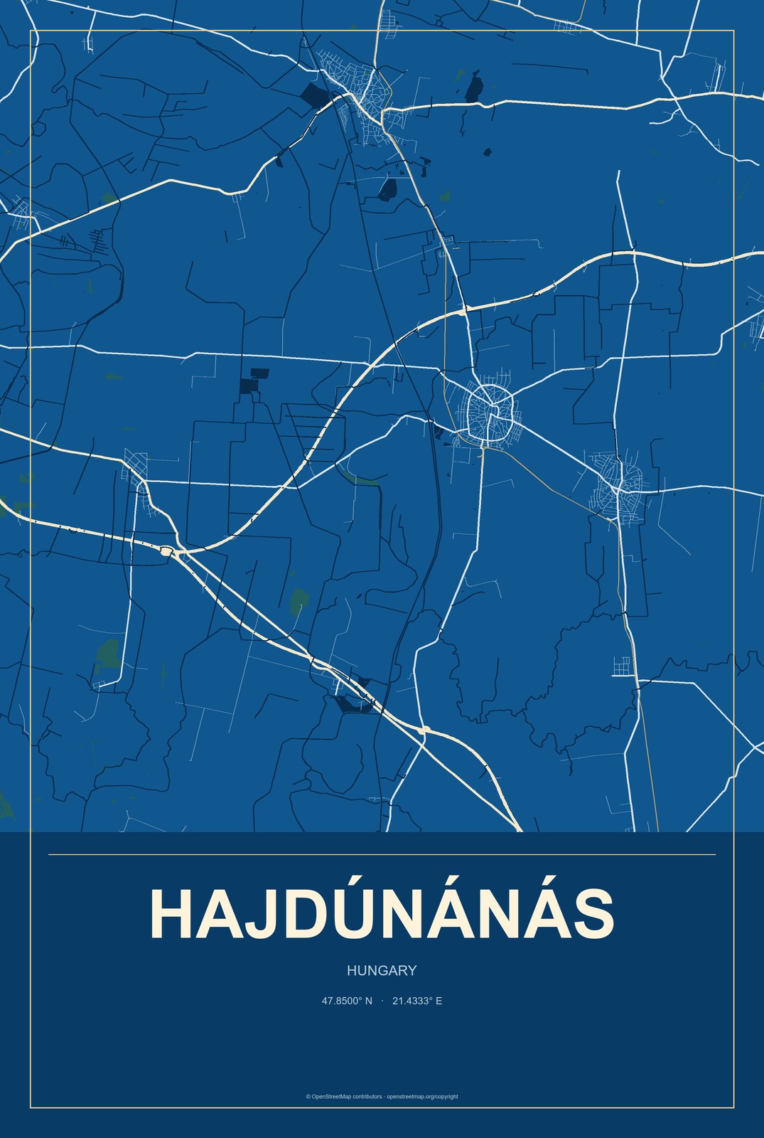 Hajdúnánás, Hungary City Map Aluminum Sign in Harbor Cobalt style