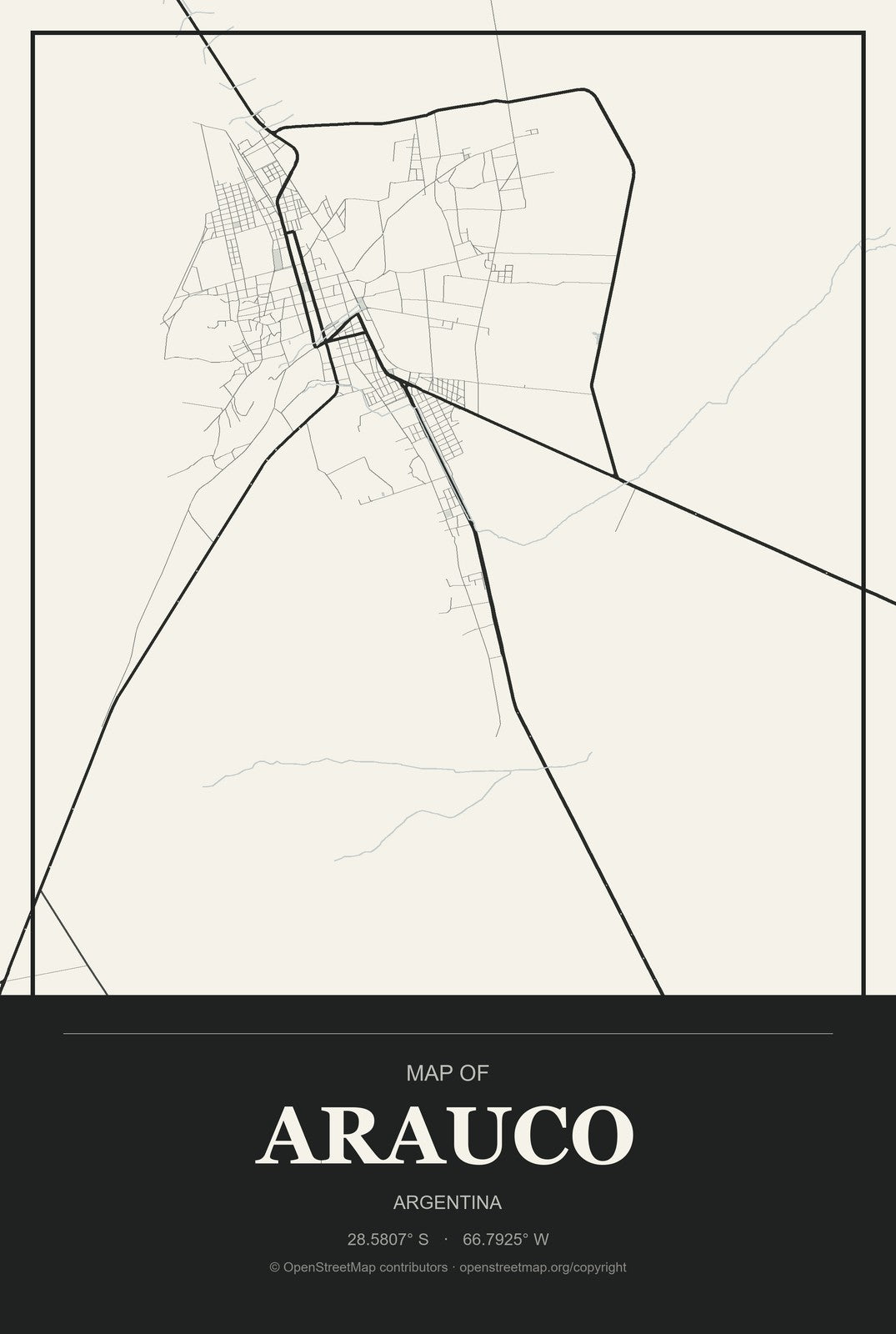 Arauco, Argentina City Map Aluminum Sign in Museum Plaque style