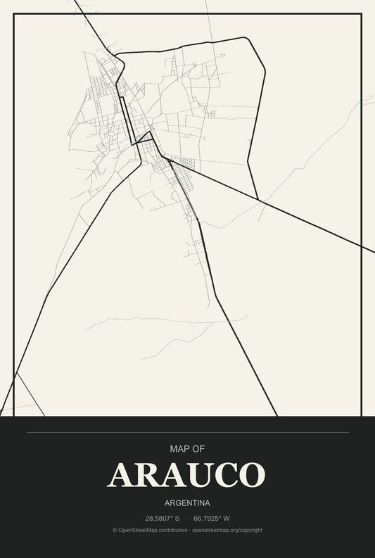 Arauco, Argentina City Map Aluminum Sign in Museum Plaque style