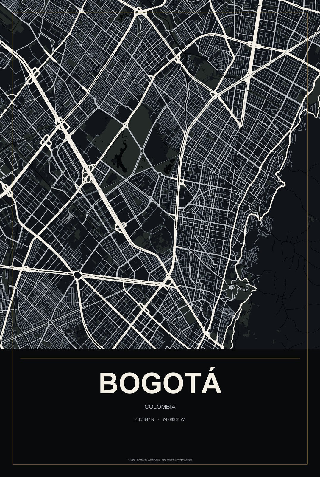 Bogotá, Colombia City Map Aluminum Sign in Metropolitan Noir style