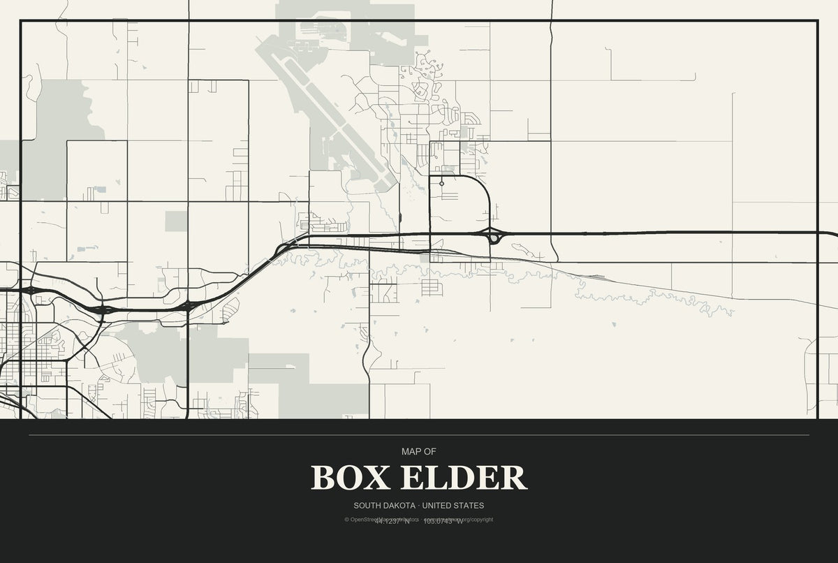 Box Elder, South Dakota City Map Aluminum Sign in Museum Plaque style