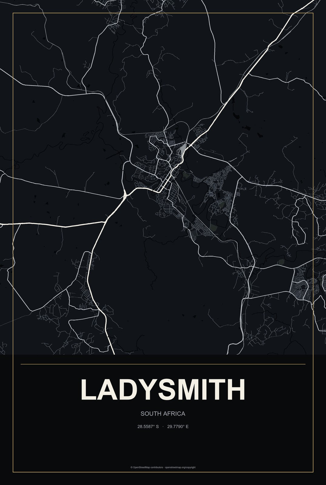 Ladysmith, South Africa City Map Aluminum Sign in Metropolitan Noir style