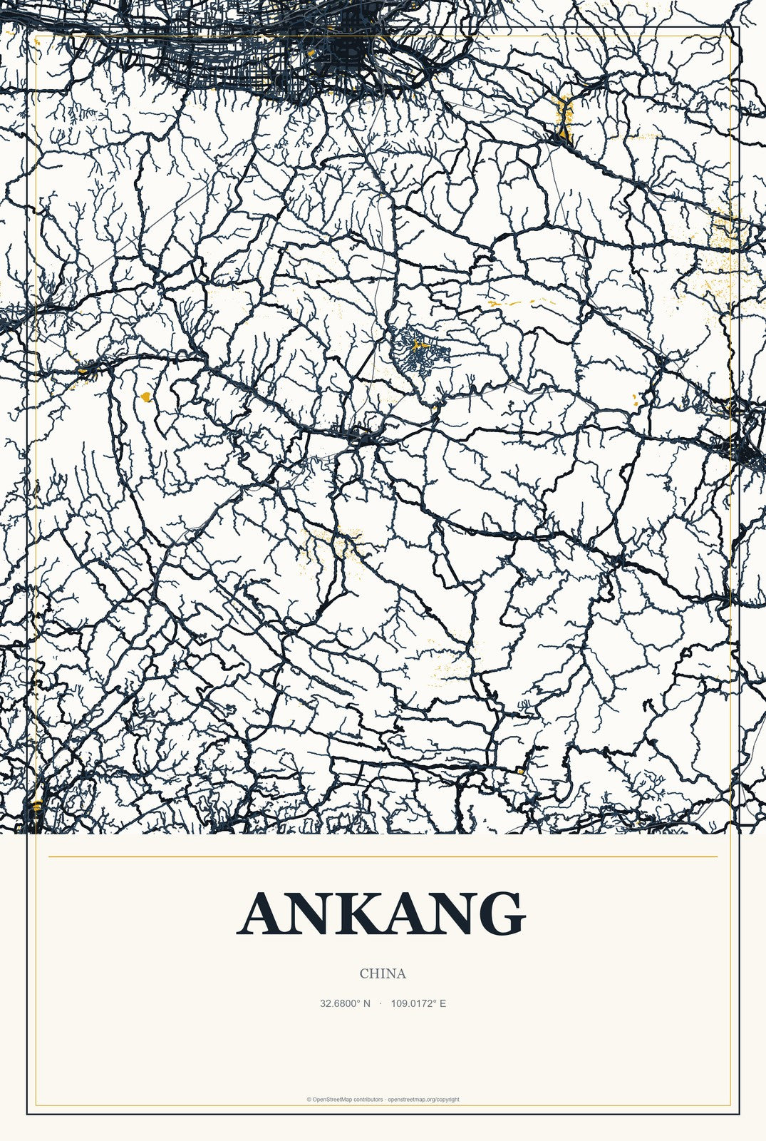 Ankang, Shaanxi, China City Map Aluminum Sign in Citrine Modern style
