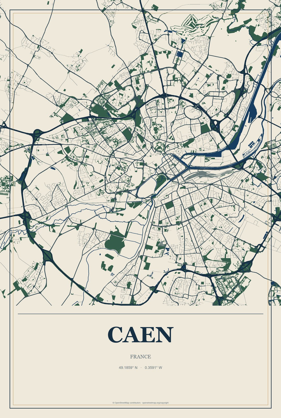 Caen, France City Map Aluminum Sign in Coastal Cutout style