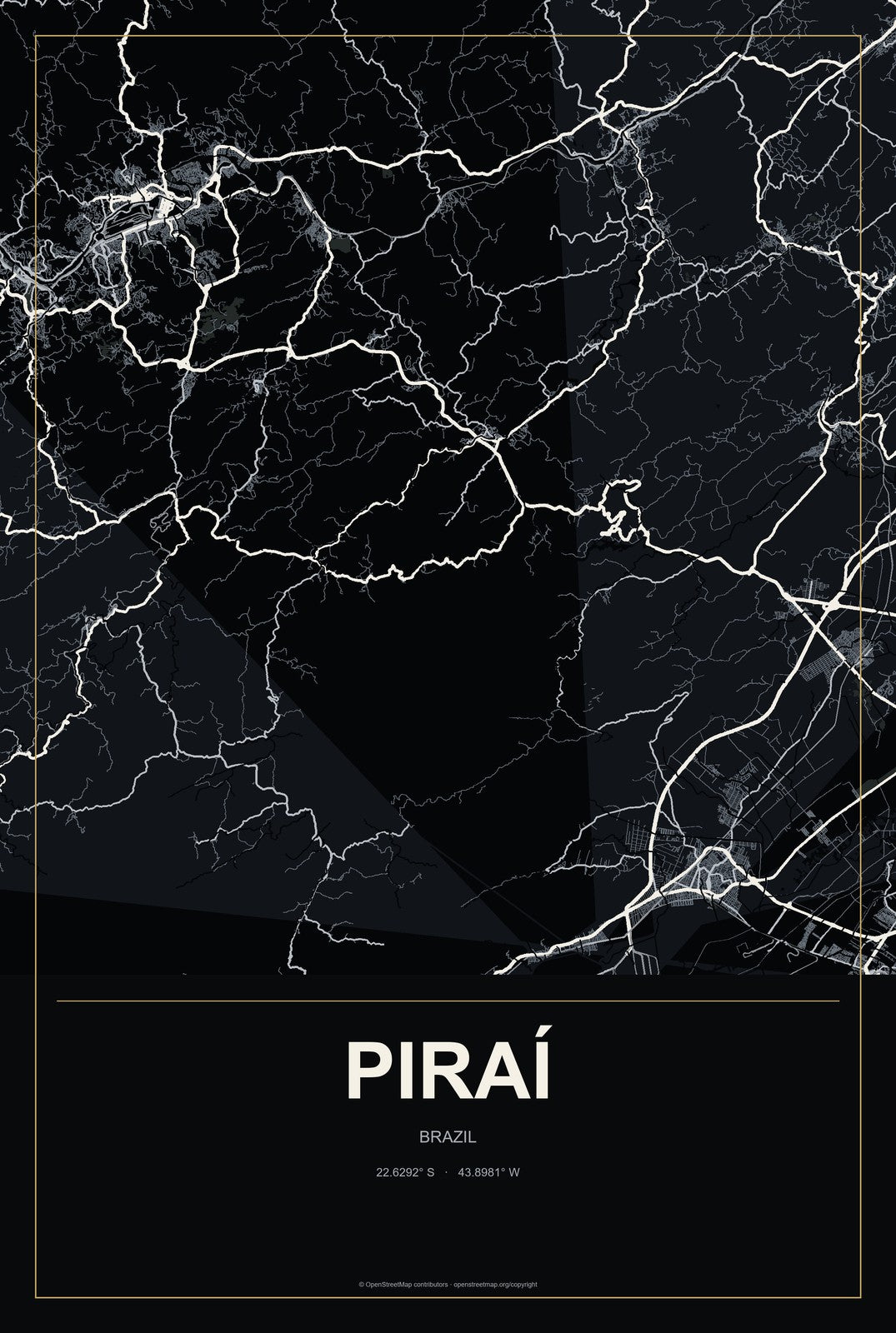 Piraí, Brazil City Map Aluminum Sign in Metropolitan Noir style