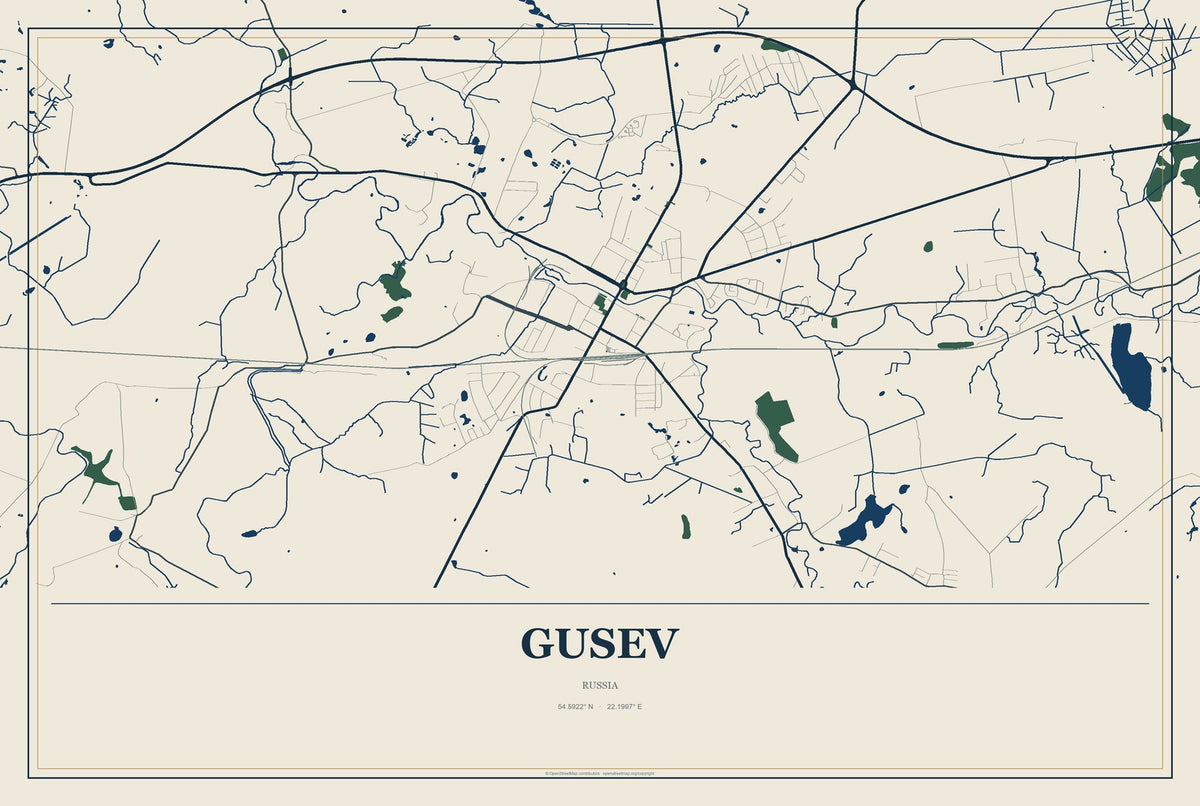 Gusev, Russia City Map Aluminum Sign in Coastal Cutout style