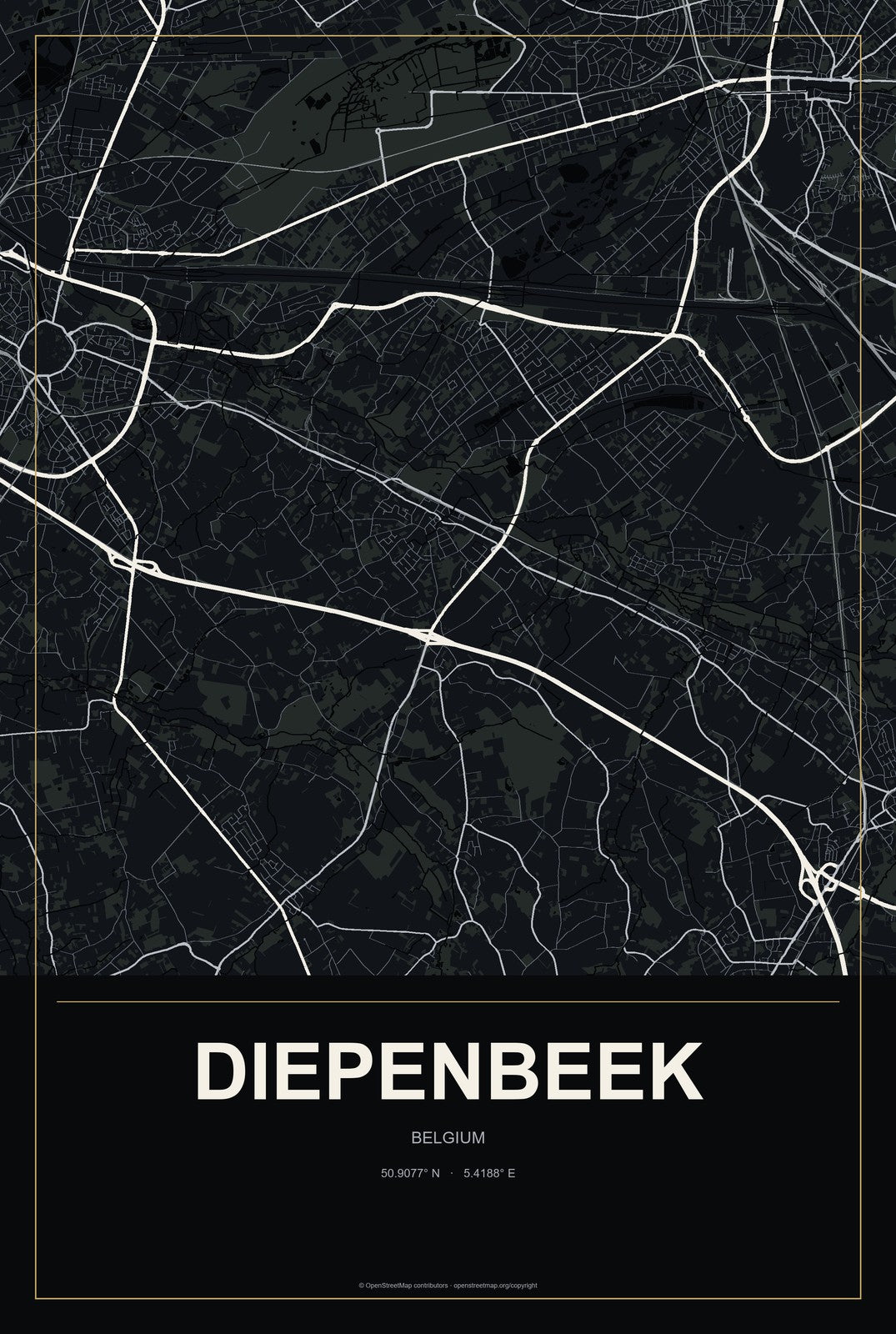 Diepenbeek, Belgium City Map Aluminum Sign in Metropolitan Noir style