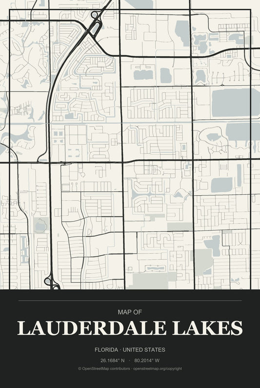 Lauderdale Lakes, Florida City Map Aluminum Sign in Museum Plaque style