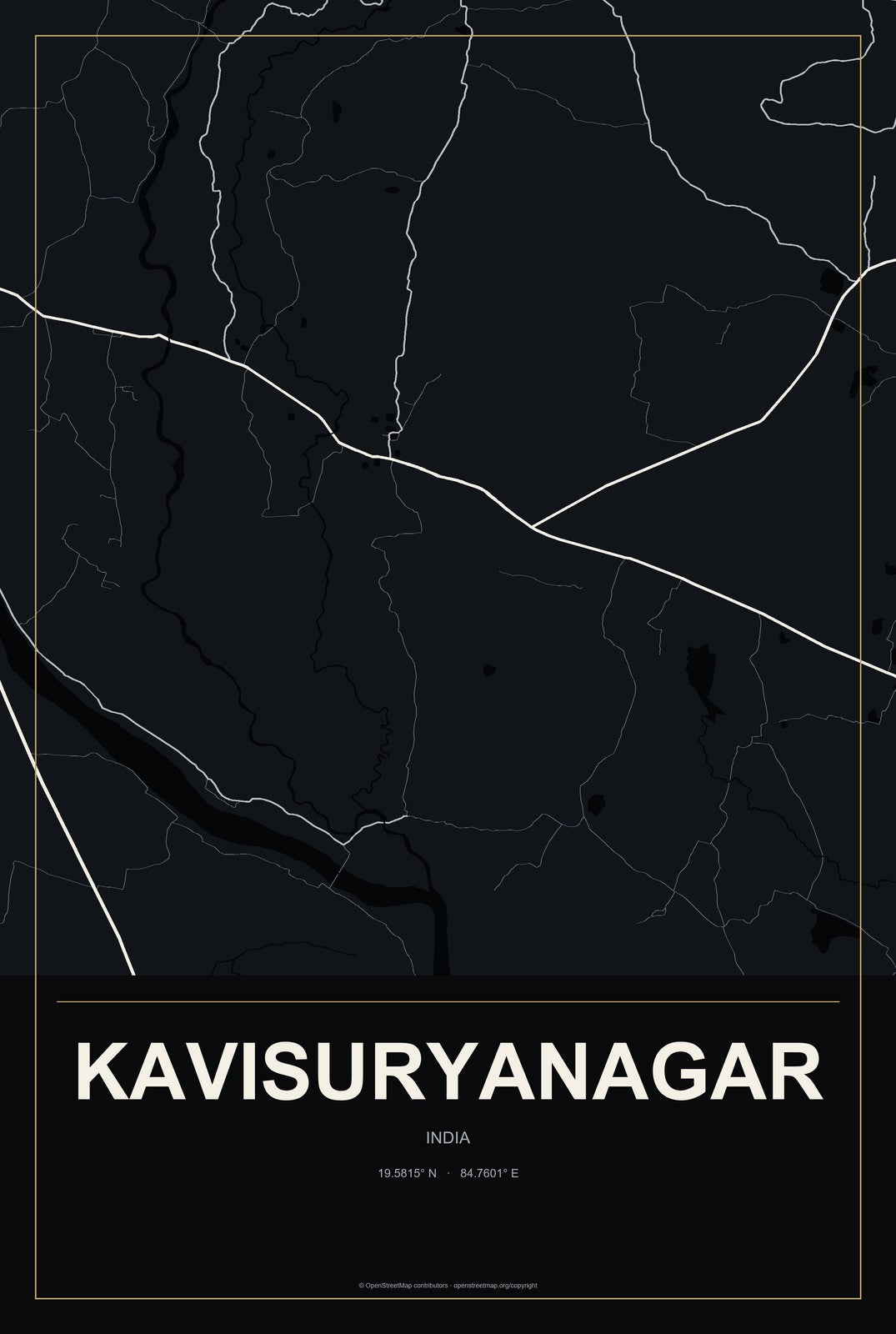 Kavisuryanagar, India City Map Aluminum Sign in Metropolitan Noir style
