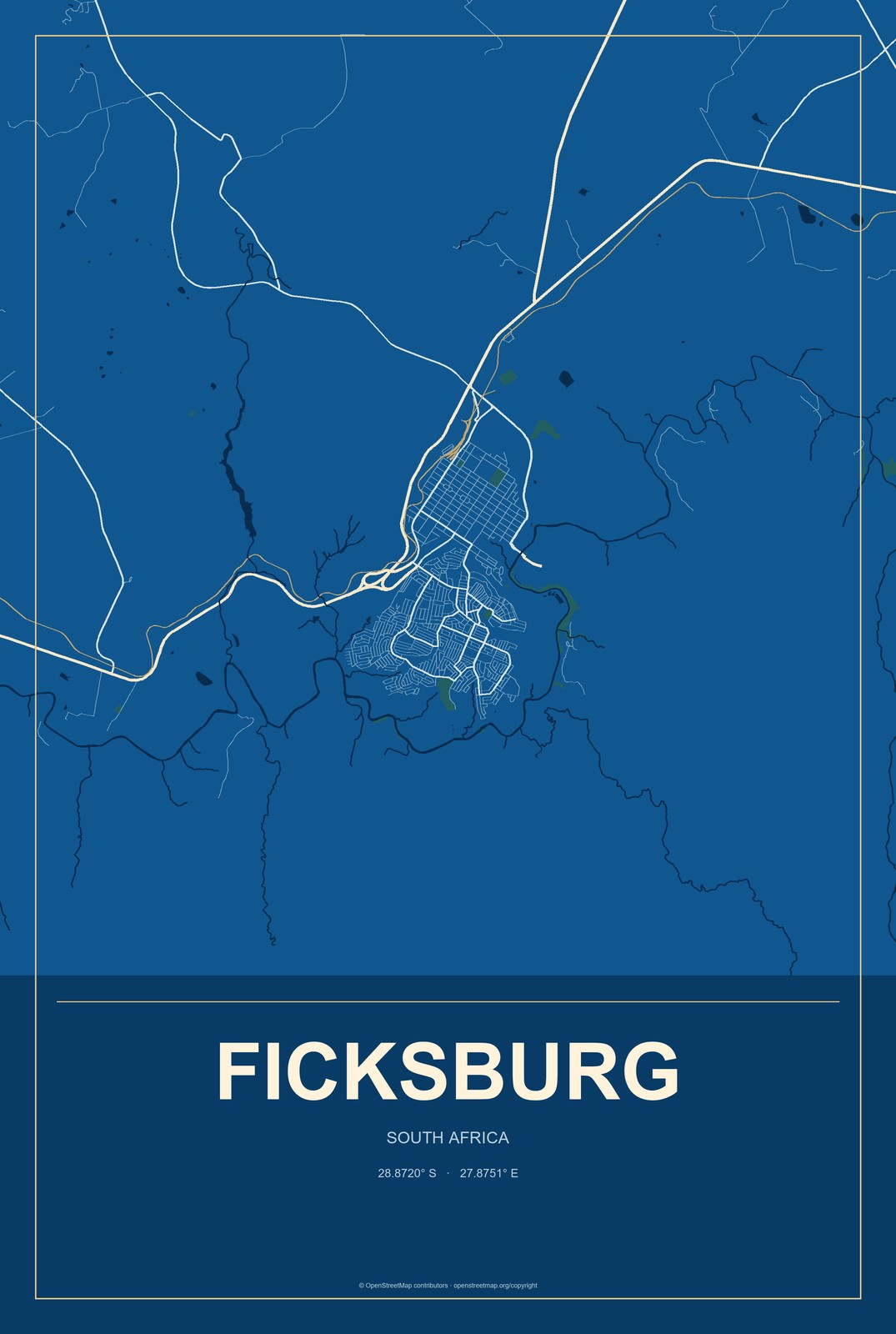 Ficksburg, South Africa City Map Aluminum Sign in Harbor Cobalt style