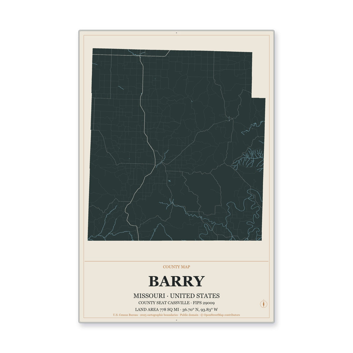 Barry County, Missouri Map Aluminum Sign in Headline Atlas style