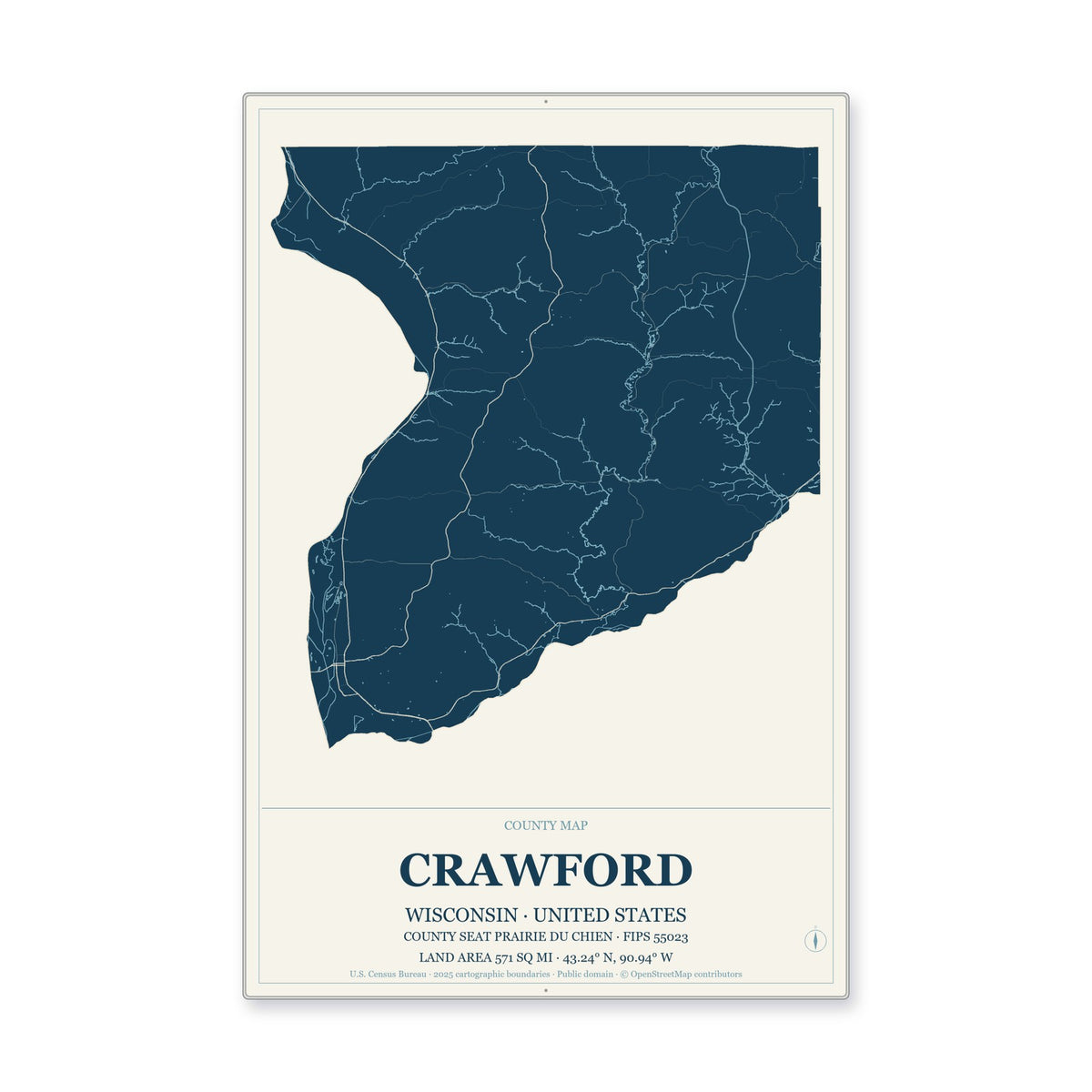 Crawford County, Wisconsin Map Aluminum Sign in Coastal Cutout style