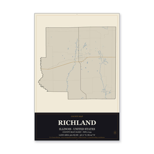 Richland County, Illinois Map Aluminum Sign in Museum Plaque style