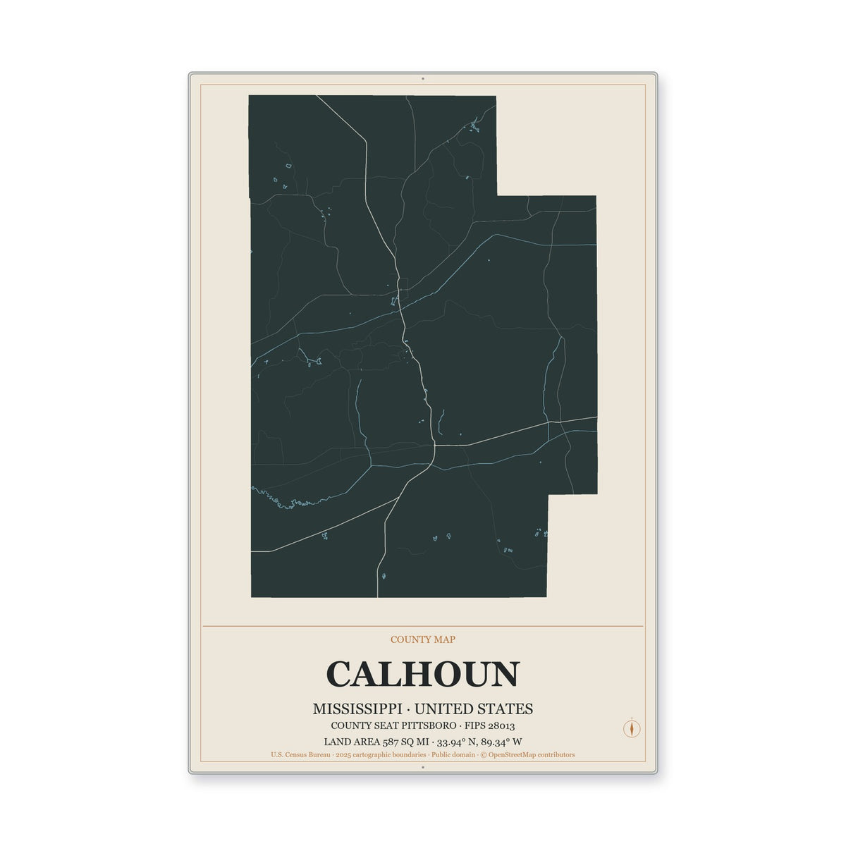 Calhoun County, Mississippi Map Aluminum Sign in Headline Atlas style