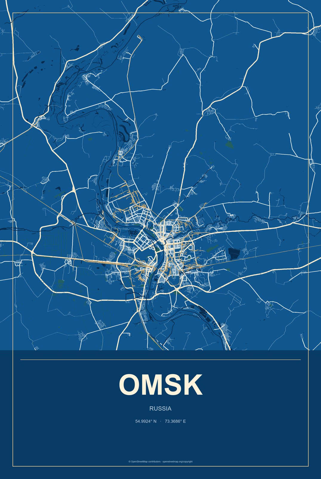 Omsk, Russia City Map Aluminum Sign in Harbor Cobalt style