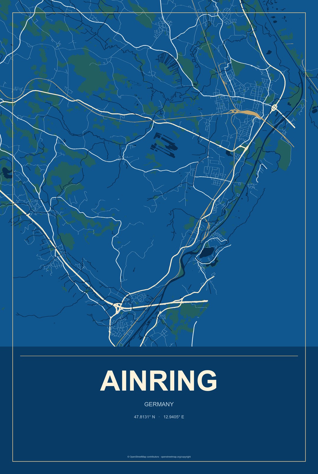 Ainring, Germany City Map Aluminum Sign in Harbor Cobalt style