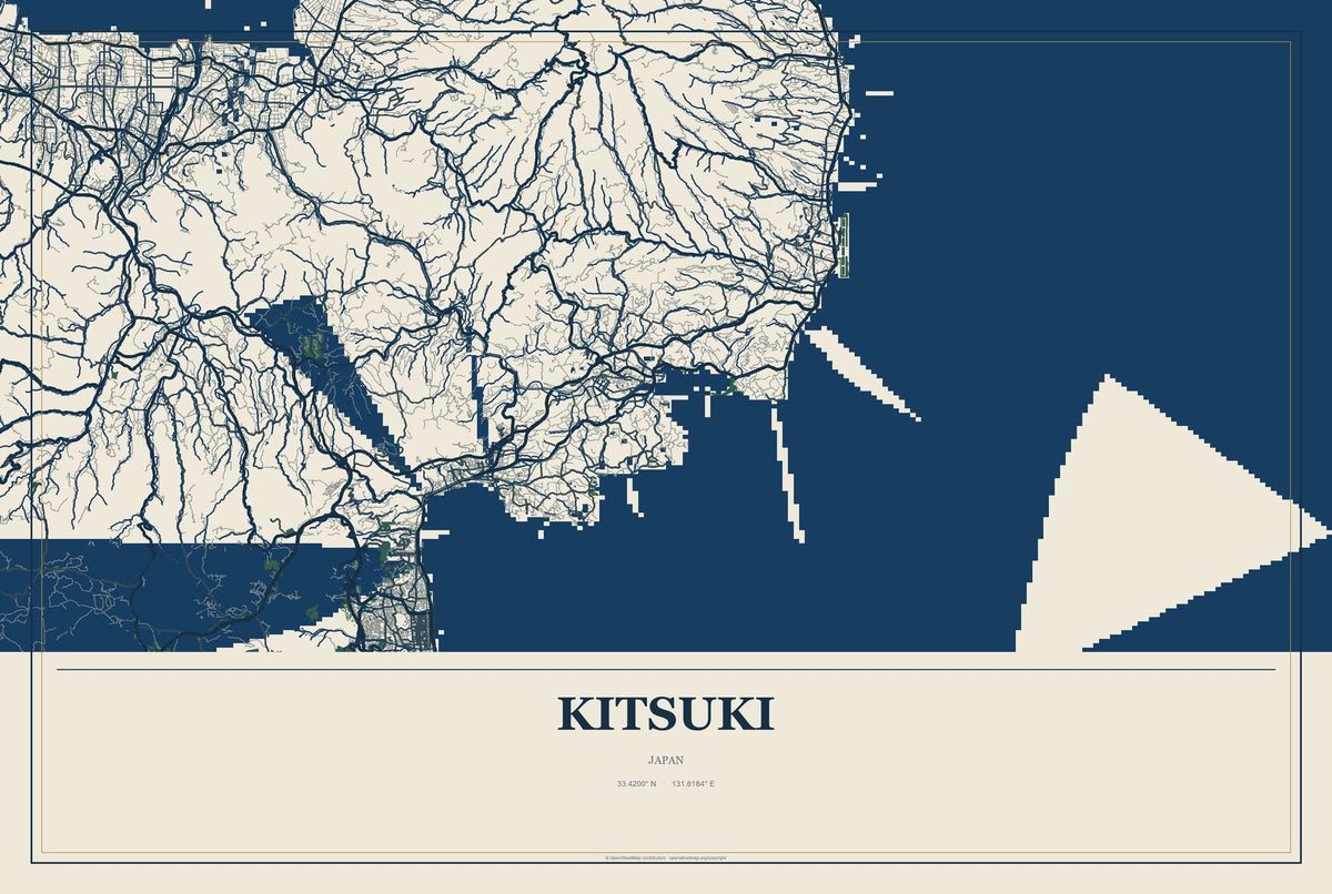 Kitsuki, Japan City Map Aluminum Sign in Coastal Cutout style