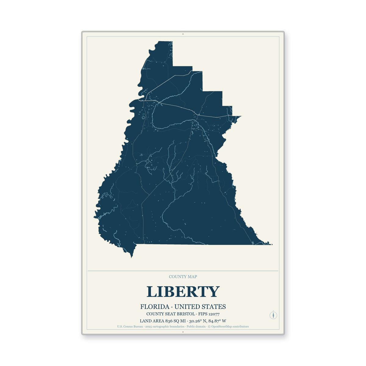 Liberty County, Florida Map Aluminum Sign in Coastal Cutout style