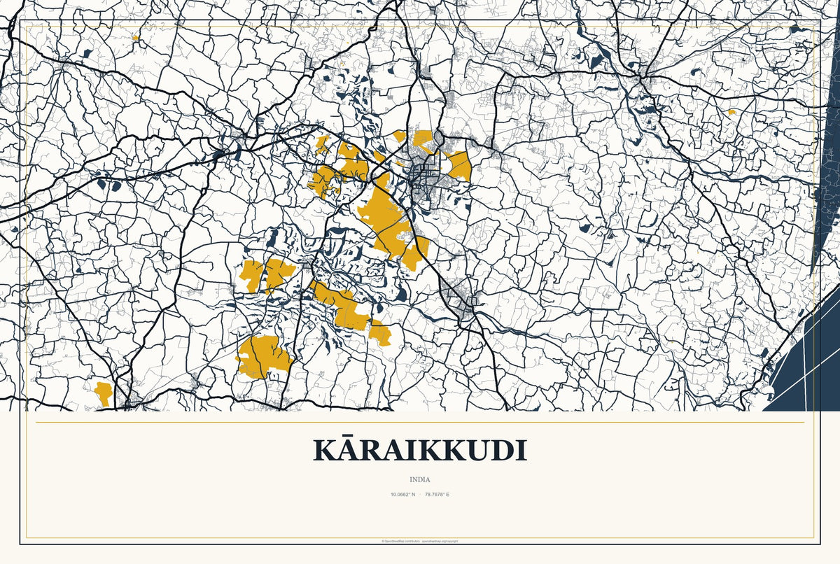 Kāraikkudi, India City Map Aluminum Sign in Citrine Modern style