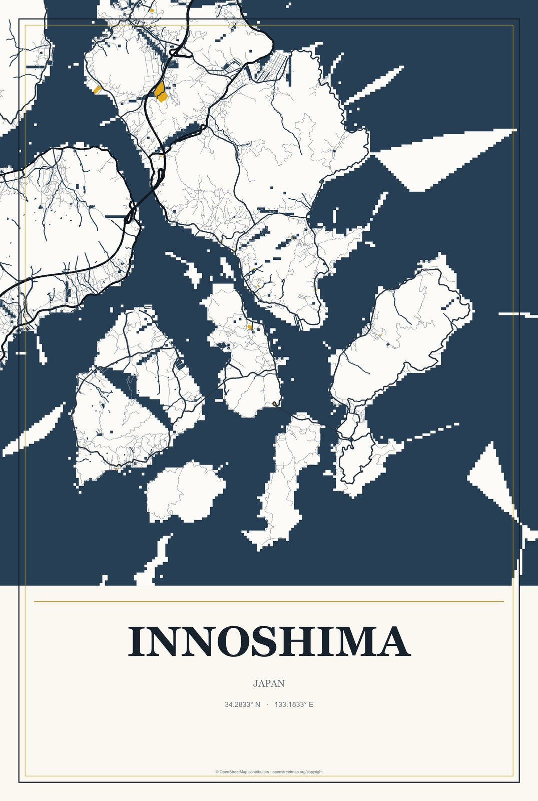 Innoshima, Japan City Map Aluminum Sign in Citrine Modern style