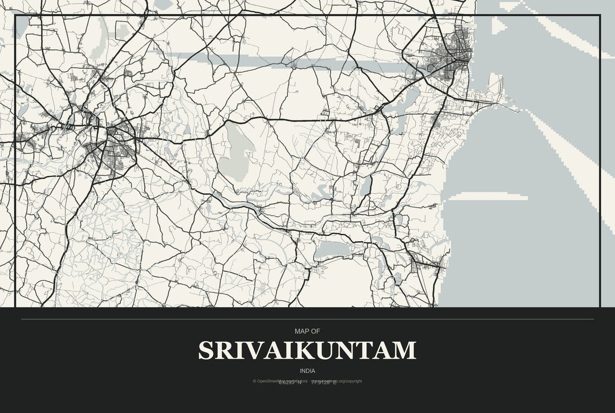 Srivaikuntam, India City Map Aluminum Sign in Museum Plaque style