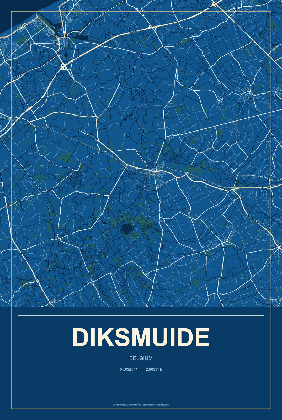 Diksmuide, Belgium City Map Aluminum Sign in Harbor Cobalt style