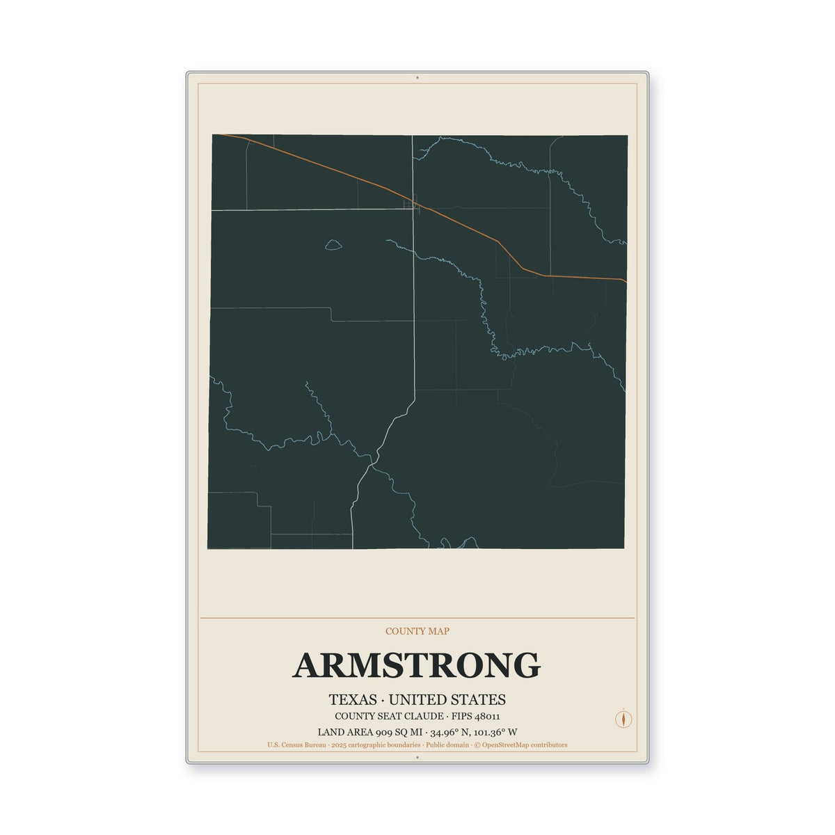 Armstrong County, Texas Map Aluminum Sign in Headline Atlas style
