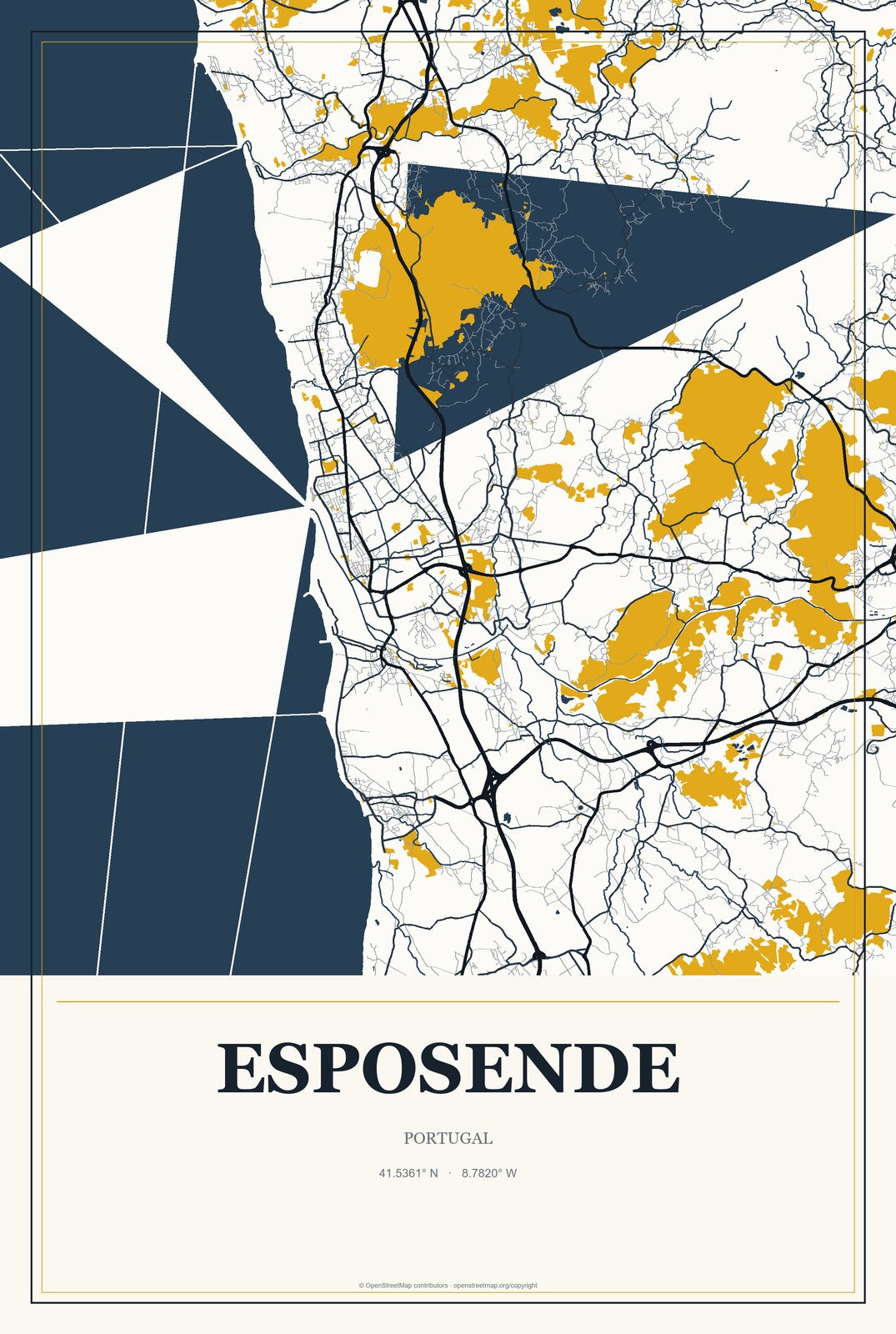 Esposende, Portugal City Map Aluminum Sign in Citrine Modern style