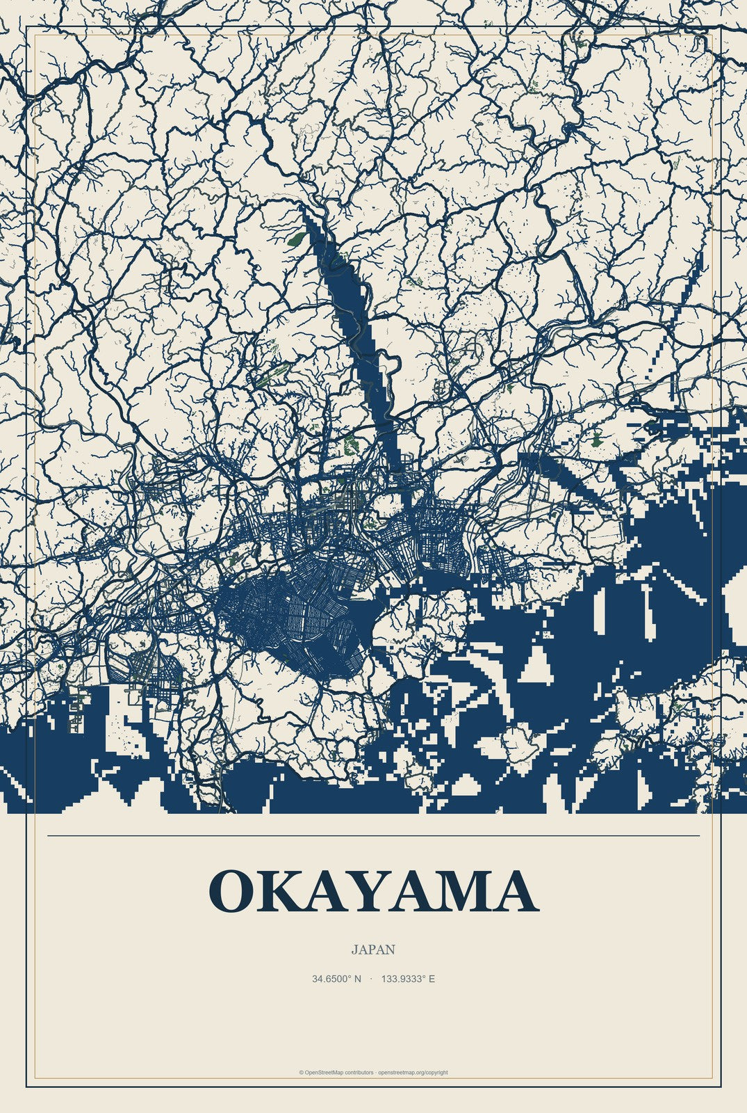 Okayama, Japan City Map Aluminum Sign in Coastal Cutout style