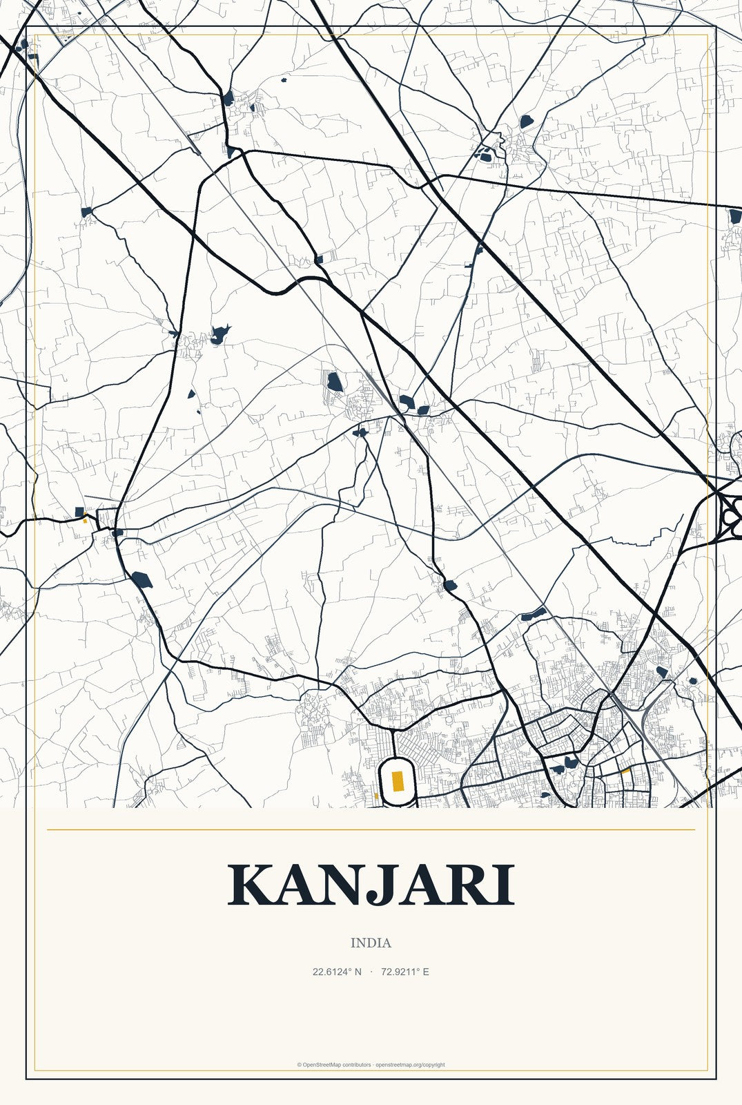 Kanjari, India City Map Aluminum Sign in Citrine Modern style