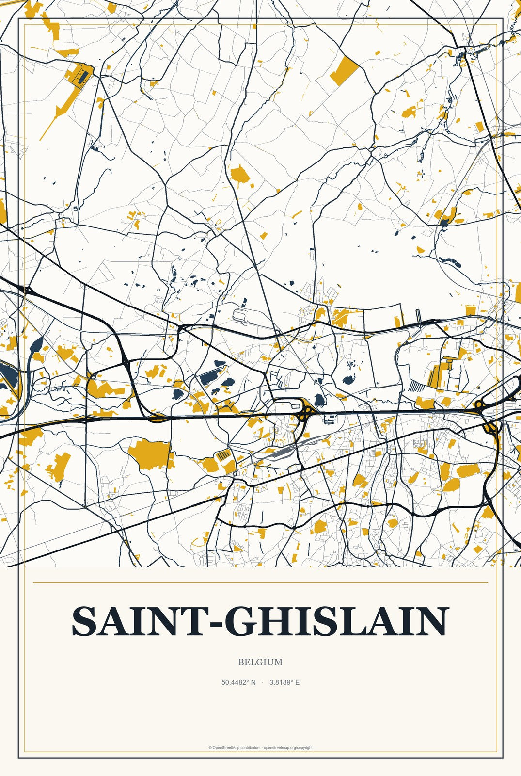 Saint-Ghislain, Belgium City Map Aluminum Sign in Citrine Modern style