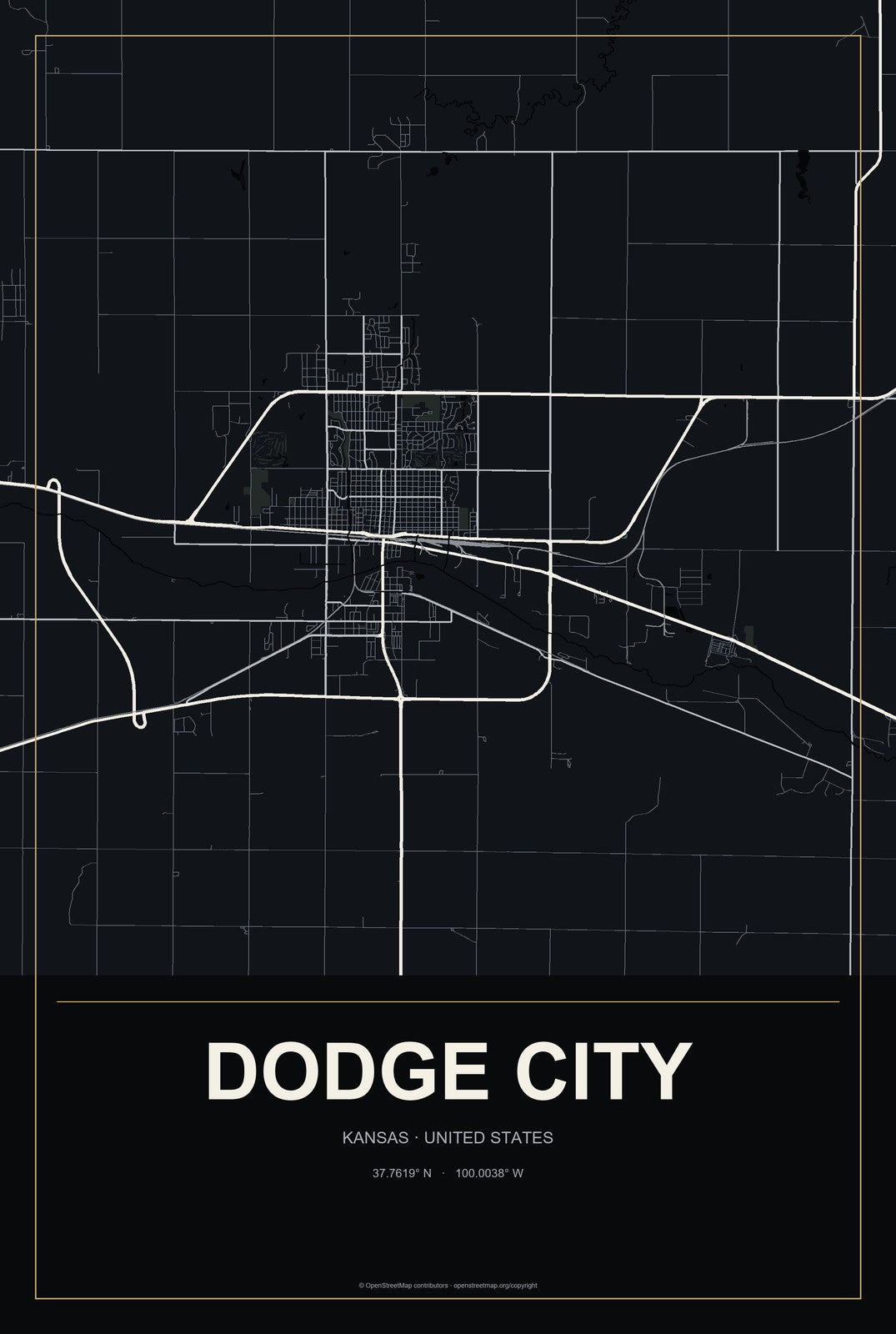 Dodge City, Kansas City Map Aluminum Sign in Metropolitan Noir style