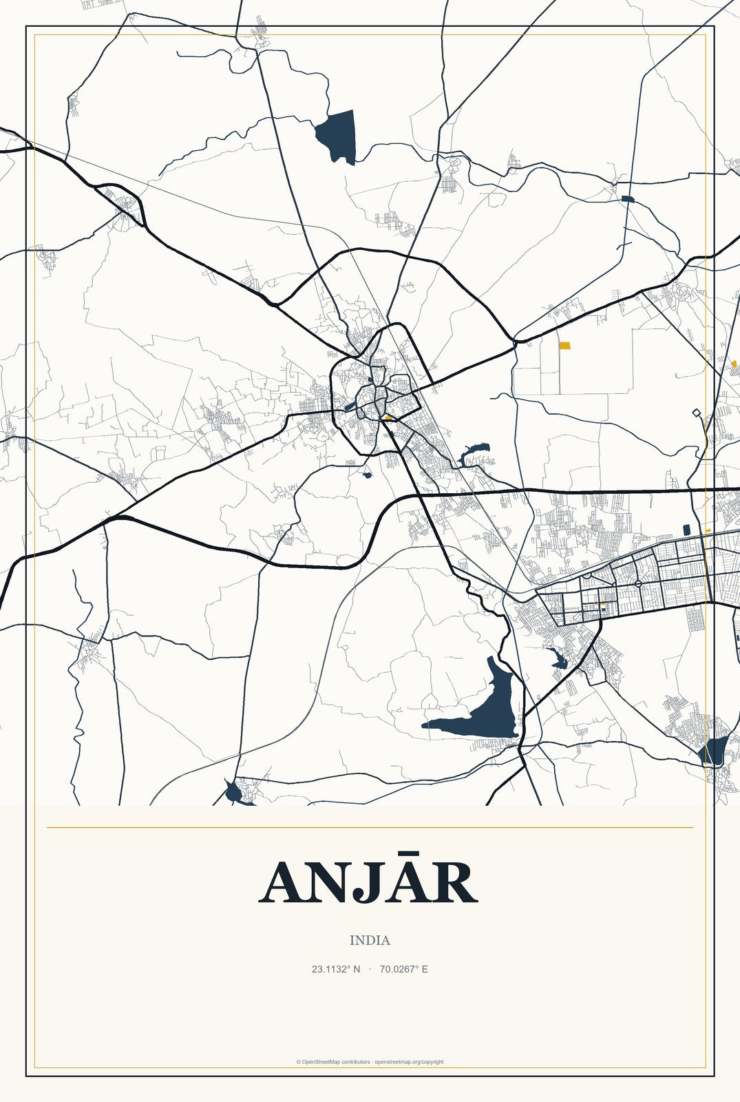 Anjār, India City Map Aluminum Sign in Citrine Modern style