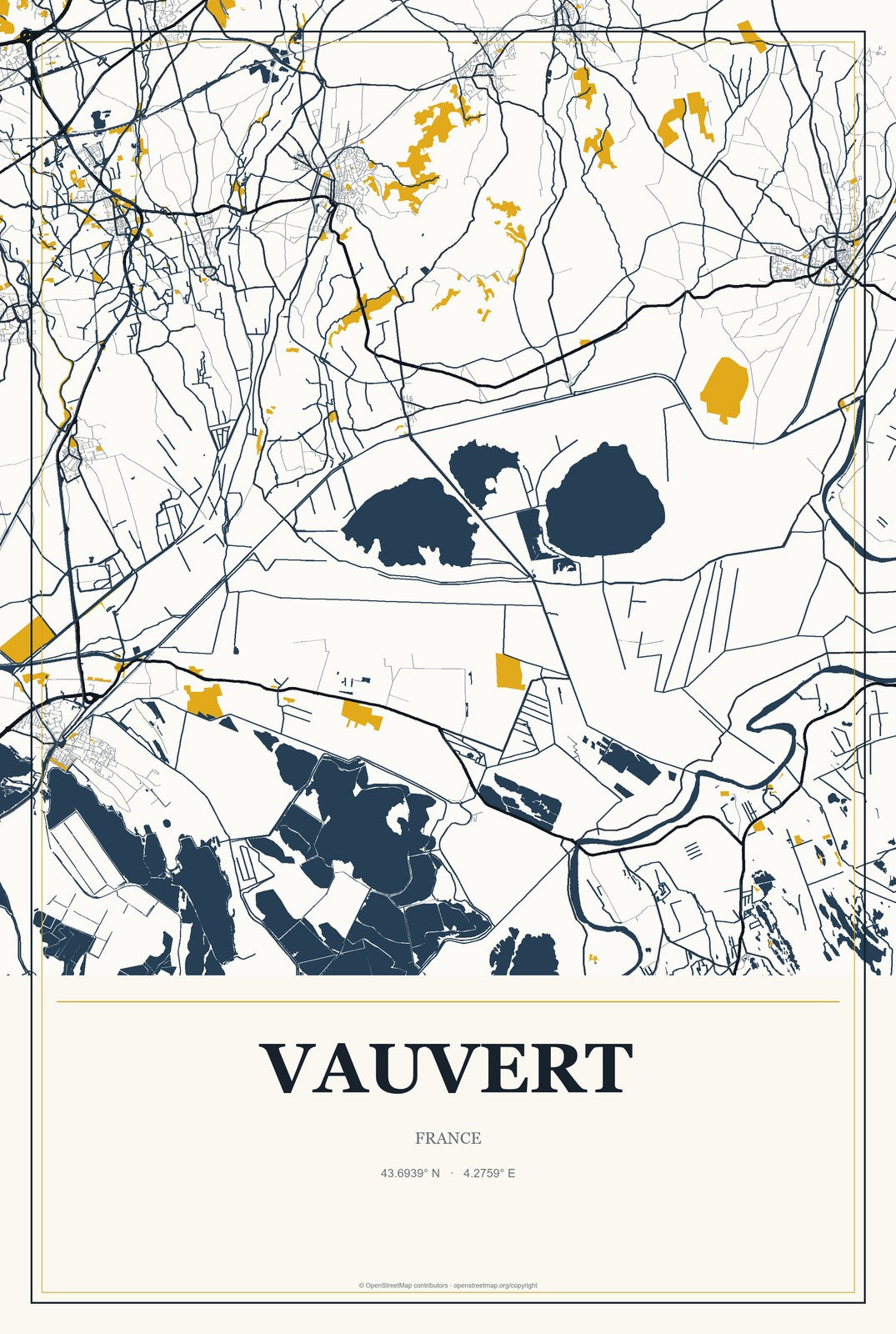 Vauvert, France City Map Aluminum Sign in Citrine Modern style