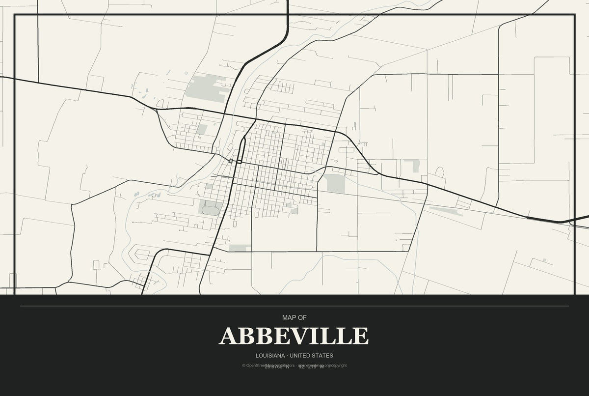 Abbeville, Louisiana City Map Aluminum Sign in Museum Plaque style