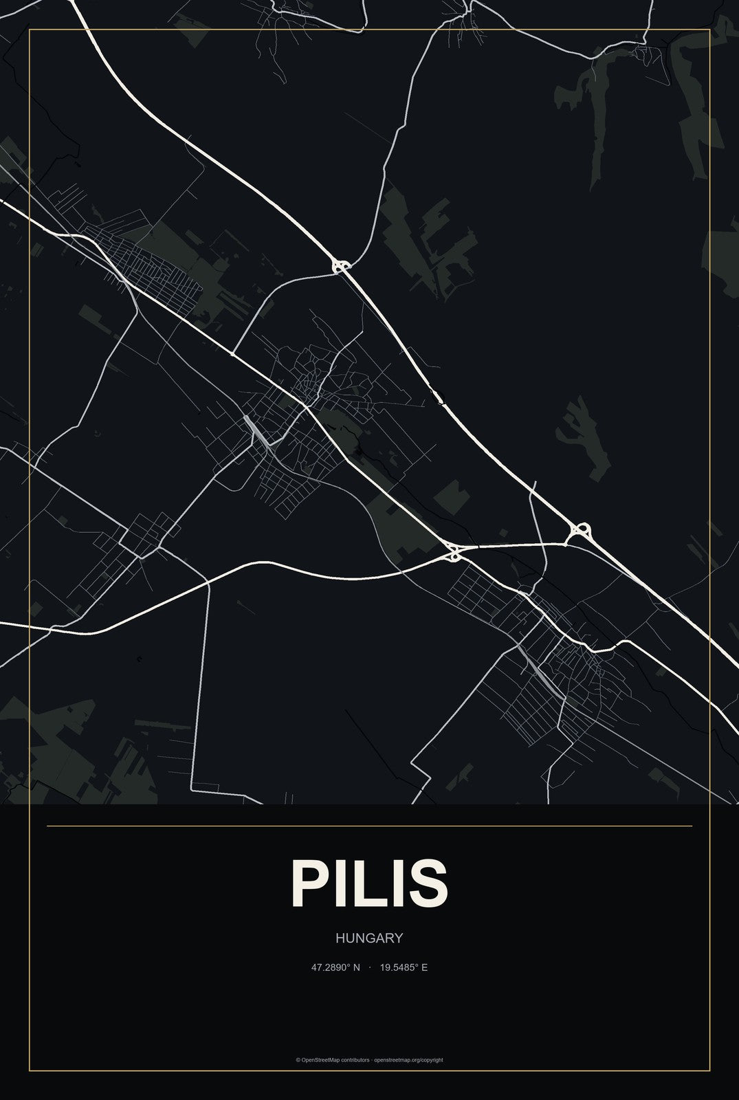 Pilis, Hungary City Map Aluminum Sign in Metropolitan Noir style