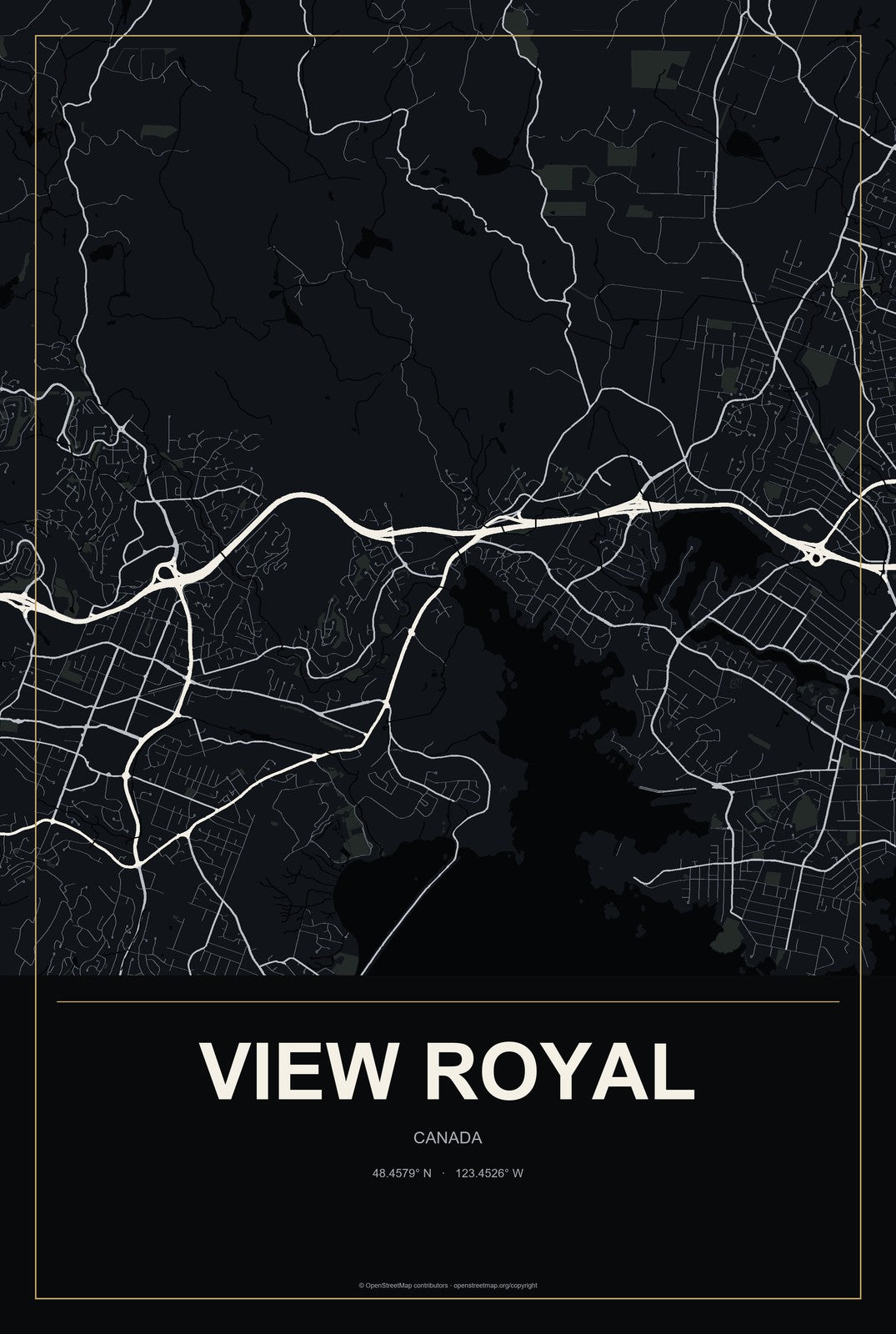 View Royal, Canada City Map Aluminum Sign in Metropolitan Noir style