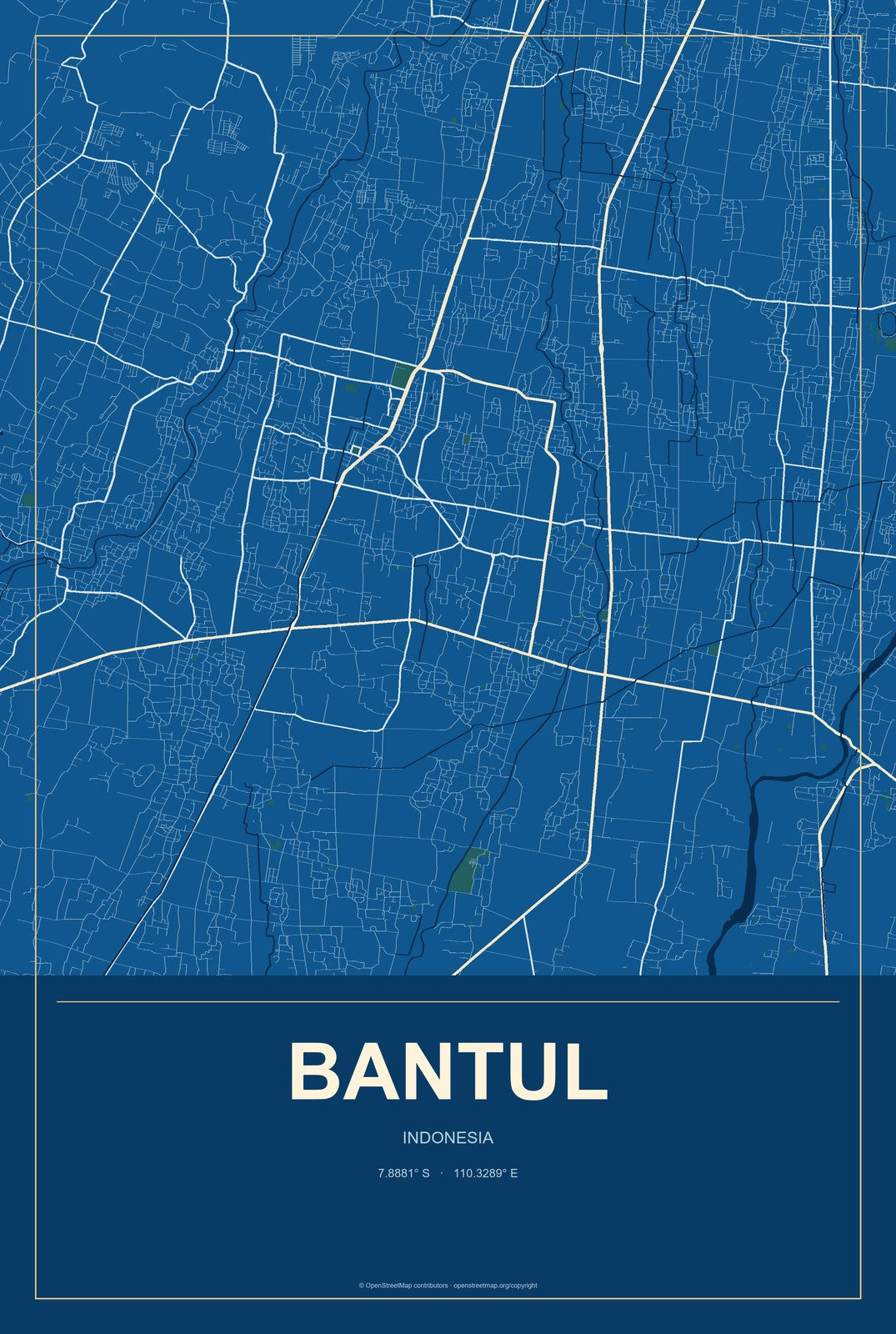 Bantul, Indonesia City Map Aluminum Sign in Harbor Cobalt style