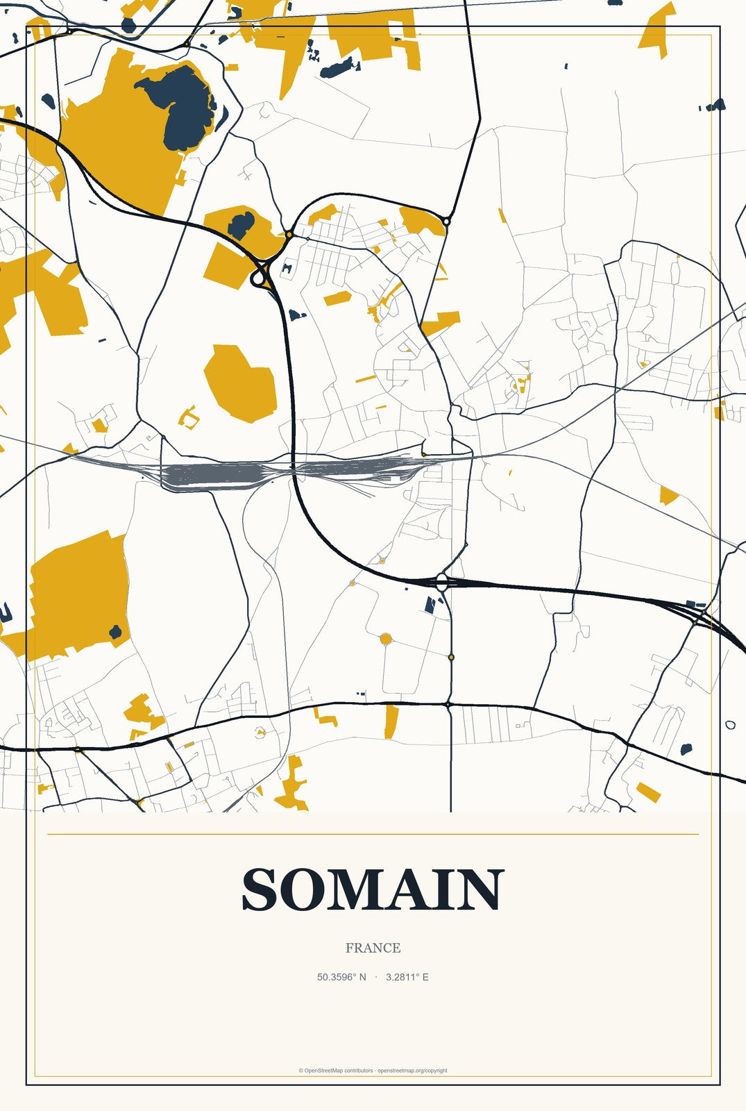 Somain, France City Map Aluminum Sign in Citrine Modern style