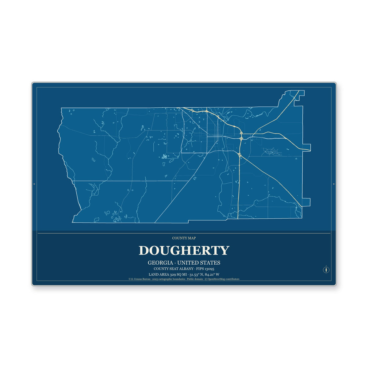 Dougherty County, Georgia Map Aluminum Sign in Harbor Cobalt style