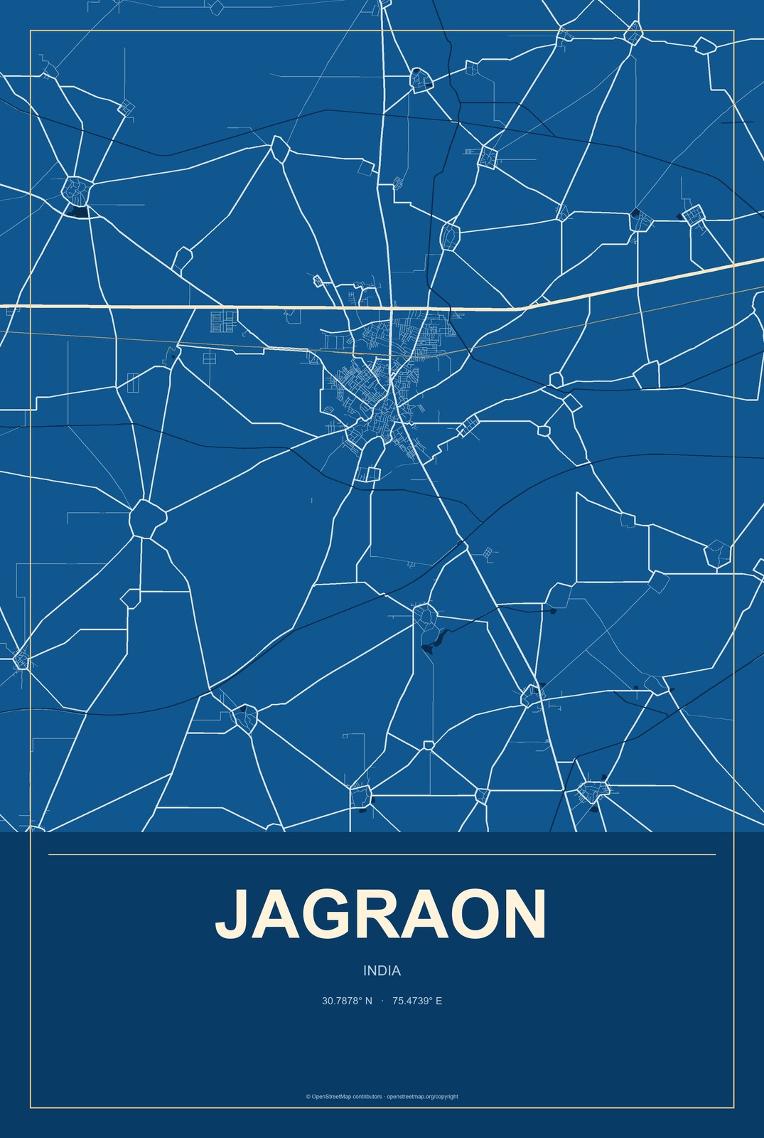 Jagraon, India City Map Aluminum Sign in Harbor Cobalt style